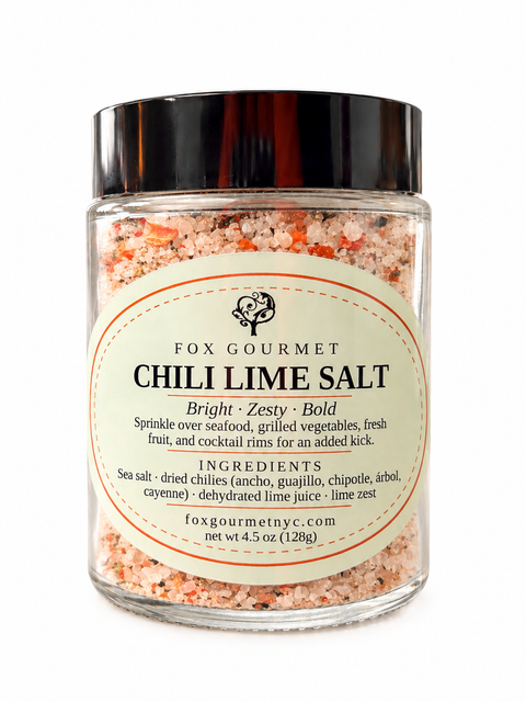 Fox Gourmet Chili Lime Salt in a glass jar, bright zesty finishing salt with dried chilies and lime zest
