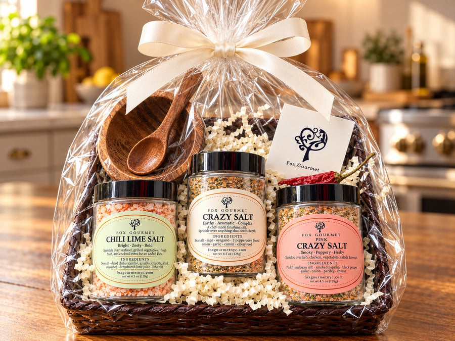 The Crazy Salts Trio: Chili-Lime Salt, Crazy Salt and Pink Crazy Salt with a wooden bowl and spoon, gift-wrapped