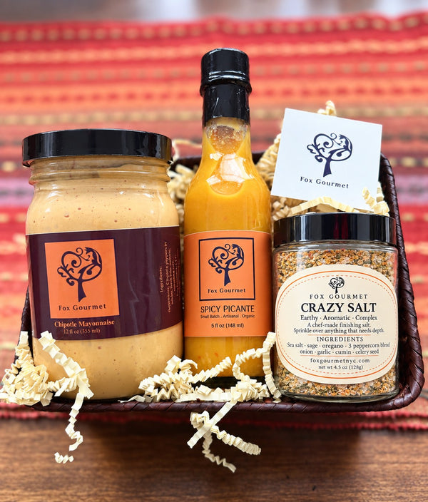 The Essentials Gift Box: Chipotle Mayonnaise, Spicy Picante and Crazy Salt in a gift basket