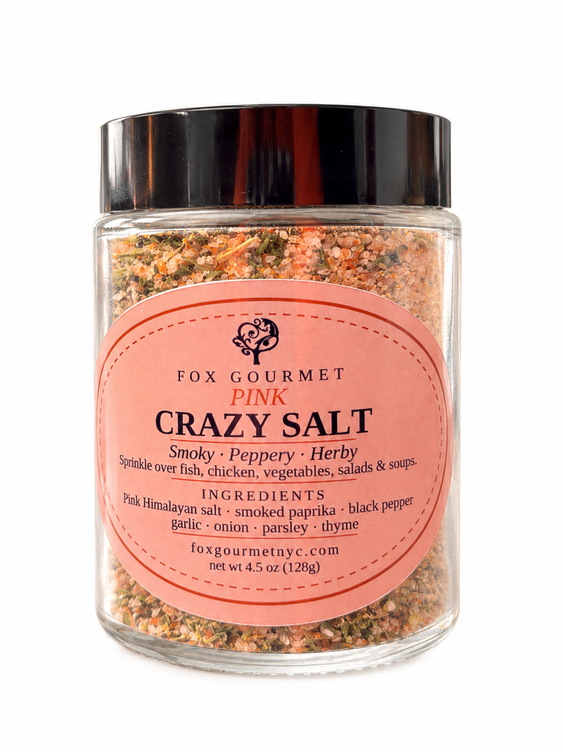 Fox Gourmet Pink Crazy Salt in a glass jar, smoky peppery herby blend with pink Himalayan salt and smoked paprika