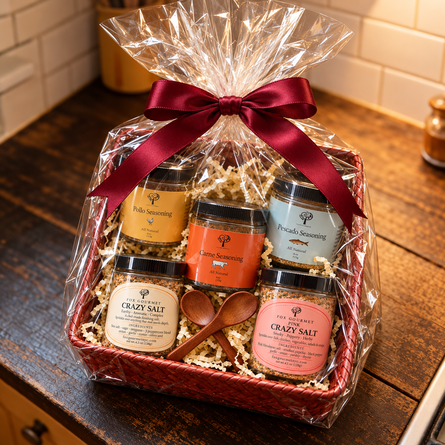 The Salts & Seasonings Collection, gift-wrapped with a burgundy bow