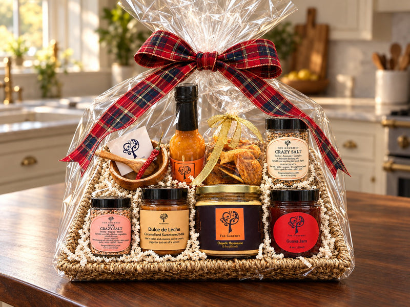 The Deluxe Gift Basket, gift-wrapped with a plaid bow